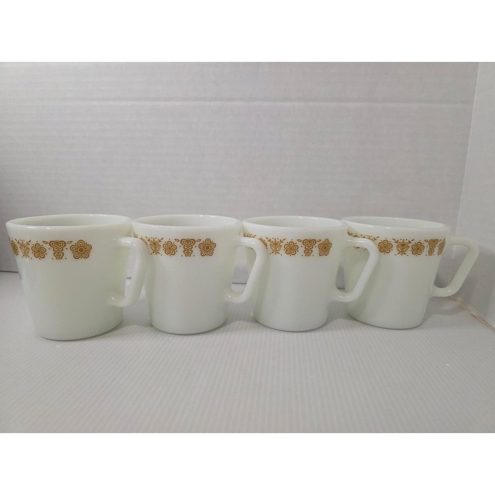 Vintage Pyrex Milk Glass Mugs Butterfly Gold Floral Pattern Set of 4 USA 1410